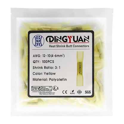 Heat Shrink Crimp Butt Connectors, 12-10 AWG, Yellow, 100PCS - size: Yellow 100PCS