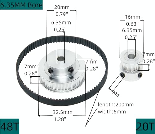 2PCS Set 2GT Aluminum Timing Pulley 20&48 Teeth 6.35mm Bore Synchronous Wheel with 2PCS Length 200mm Width 6mm Belt (20-48T-6.35B-6) - size: 6.35MM Bore, style: 20-48T-6.35B-6MM