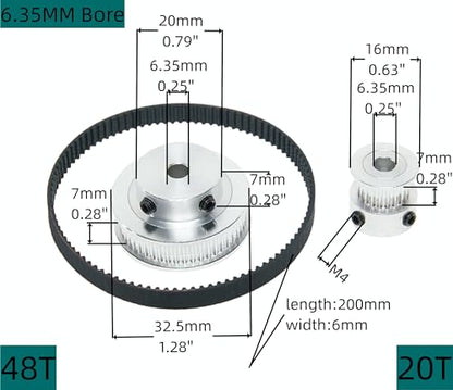 2PCS Set 2GT Aluminum Timing Pulley 20&48 Teeth 6.35mm Bore Synchronous Wheel with 2PCS Length 200mm Width 6mm Belt (20-48T-6.35B-6) - size: 6.35MM Bore, style: 20-48T-6.35B-6MM