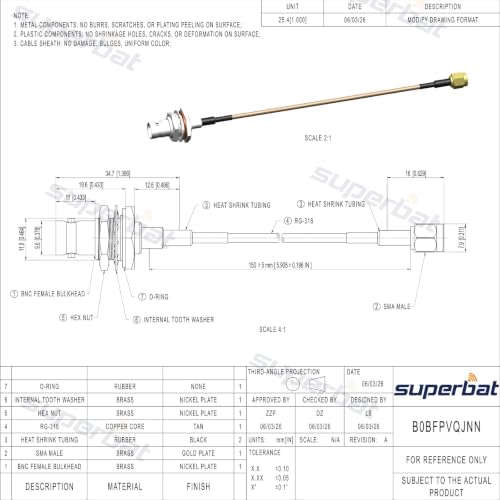 Superbat SMA to BNC Bulkhead Cable 50 Ohm SMA Male to BNC Female RG316 Coaxial Cable Jumper (6inch 2-Pack) for Ham Radio Scanner Antenna Wi-Fi Wireless LAN Devices etc. - color: sma male to bnc female straight 6inch