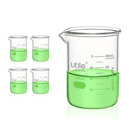 Utile 100ml Beaker Set, 4pcs of 3.4oz Upgraded Thickening Glass Beakers, Low Form Chemical Lab Beakers, Borosilicate 3.3 Glass with Printed Graduation, 4000.0100.4 - style: 100 ml (4pcs)