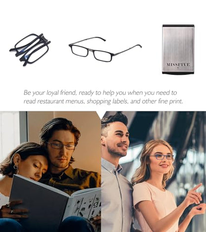 Missfive Premium Folding Reading Glasses Blue Light Blocking for Men Women, Ultra Thin Foldable Portable Travel Readers with Durable Pocket Metal Case, Black Lightweight Compact Eyewear 1.5x - color: Black & Metal Glasses Case