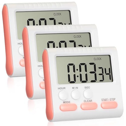 Mudder 3 Pack Digital Kitchen Timer for Cooking, Large Digits, 24 Hour Magnetic Backing Stand Kitchen Timers Clock for Classroom Kids Teachers, Loud Alarm and Large Screen (Pink) - color: Pink