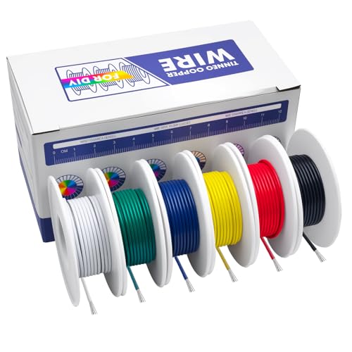 22 AWG Stranded Hookup Wire, 22 Gauge Tinned Copper Electrical Wires, 6 Colors x 16.4ft (98.4ft Total) Flexible PVC Wire Kit for Arduino, Breadboard, Electronics, 300V, VW-1