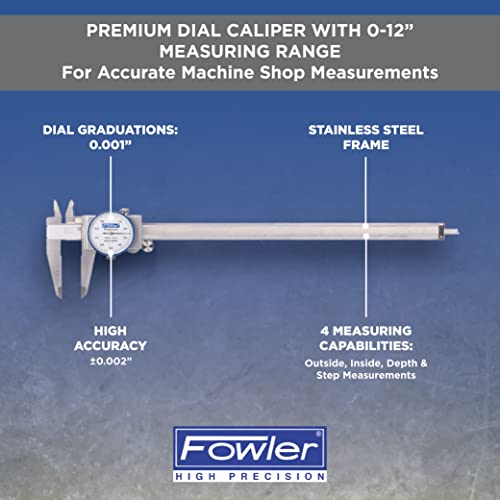 Fowler 52-008-712-0 Premium Dial Caliper with 0-12" Measuring Range, Dial Caliper with Knurled Lock, ±0.002" Accuracy, Case Included, Solid Stainless Steel - color: White, size: 12"