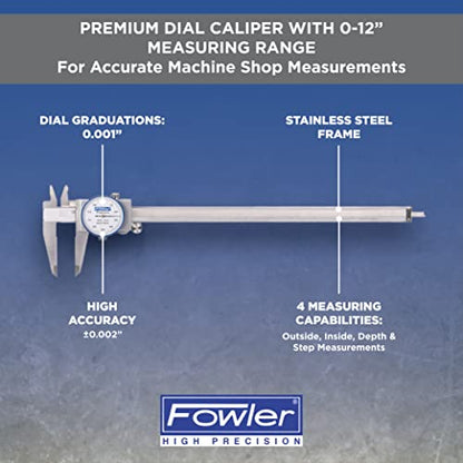 Fowler 52-008-712-0 Premium Dial Caliper with 0-12" Measuring Range, Dial Caliper with Knurled Lock, ±0.002" Accuracy, Case Included, Solid Stainless Steel - color: White, size: 12"
