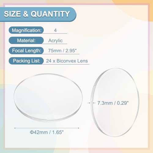 PATIKIL 24 Pack Biconvex Lens, 42mm Dia. 75mm Focal Length Optical Lenses Magnifier Paperweight Acrylic Double Convex for DIY Office Desk Home Science Experiment Telescope - size: 42mm Dia. 75mm Focal Length