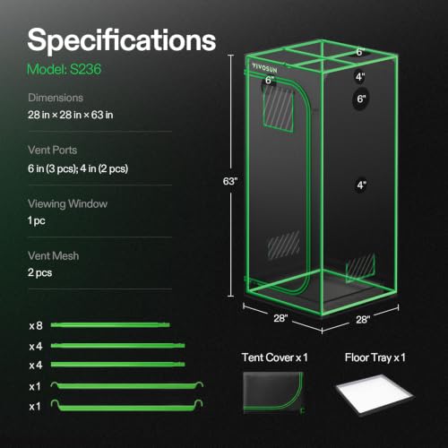 VIVOSUN 28"x28"x63"Grow Tent Extra Large 2x2 Indoor Grow Tents Lightproof - size: 28"x28"x63"