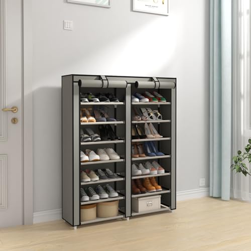 JIUYOTREE Double Row Shoe Rack Storage Organizer with Big Capacity,7-Tier Shoe Cabinet,Shelf,Closet with Nonwoven Fabric Cover for 28 Pairs of Shoes,Grey - color: Grey