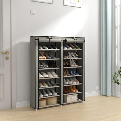 JIUYOTREE Double Row Shoe Rack Storage Organizer with Big Capacity,7-Tier Shoe Cabinet,Shelf,Closet with Nonwoven Fabric Cover for 28 Pairs of Shoes,Grey - color: Grey