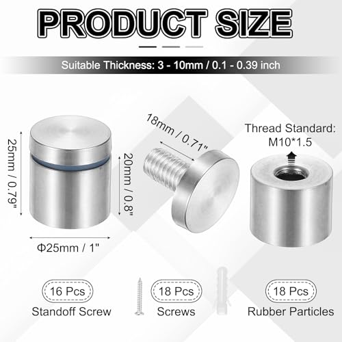 PATIKIL 1x1" Standoff Screws, 16 Pack Stainless Steel Stand Off Wall Mounts Wall Sign Mounting Hardware Advertising Standoff Nail for Hanging Acrylic Signs Picture Frame, Silver - size: 1x1"