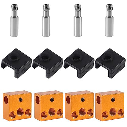 3D Printer Parts Silicone Socks+Aluminum CR-10 Heater Block+Stainless Steel Throat for MK7 MK8 Extruder Hotend Kits for Ender 3/Ender 3 Pro/Creality CR-10 /CR10S /S4 /S5 (4 Sets)