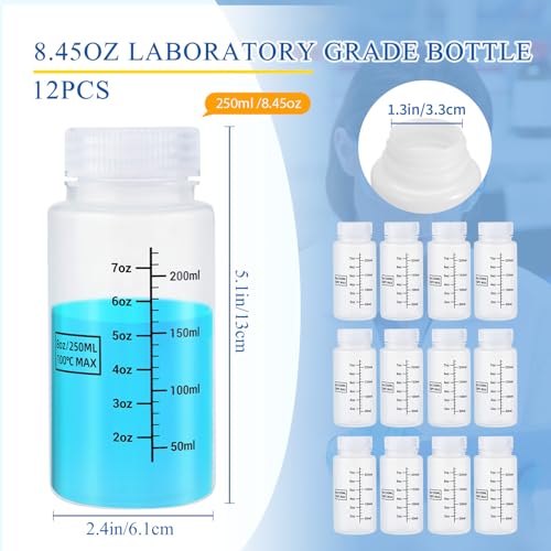 Tatuo 12 Pcs 8oz 250 ml Plastic Sample Bottles with Screw Cap, Liquid Containers with Lid for Lab Reagent Sample Medicine Pill Water Storage, Travel Bottles(Translucent,Wide Mouth-Dark Scale) - color: Translucent, size: 8 oz 250 ml, style: Wide Mouth-dark