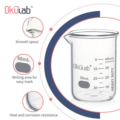 Beakers, Glass Beaker Set, Low Form 50ml Beakers, Graduated 3.3 Borosilicate Glass Beakers for Lab, Classroom, Craft, Kitchen, 24pcs, BKLG50A24 - style: Vol.50ml, Case of 24