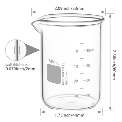 6PCS 50ml Glass Beakers Heavy Duty Beakers, White Double Scale Graduation, Borosilicate 3.3 Glass Lab Beaker, Low Form Griffin Measuring Beaker (6, 50ML) - size: 50ML