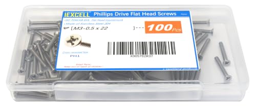 iexcell 100 Pcs M3 x 22mm Thread Pitch 0.5 mm Stainless Steel 304 Phillips Drive Flat Head Countersunk Screws Bolts, Bright Finish - size: M3 x 22mm
