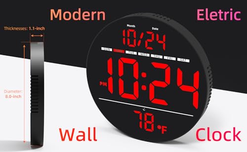 Digital Wall Clock with Large LED Display, Date, Temperature, Auto-Brightness | Small [PLUG-IN] Clock | Modern Electric Wall Clock for Bedroom, Classroom, Living Room, Home, Office, Farmhouse – Red - color: Red