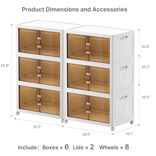 UAMFURI Stackable Storage Bins, 1050QT Collapsible Drawers with 2 Lids - color: White-175QT, size: 6Pack with 2 top lids