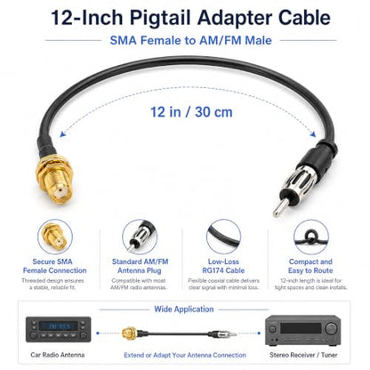 SMA Female to AM/FM Male Adapter RG174 Coax Cable 12 inches Pigtail Jumper RF coaxial Cable for Radio Antenna