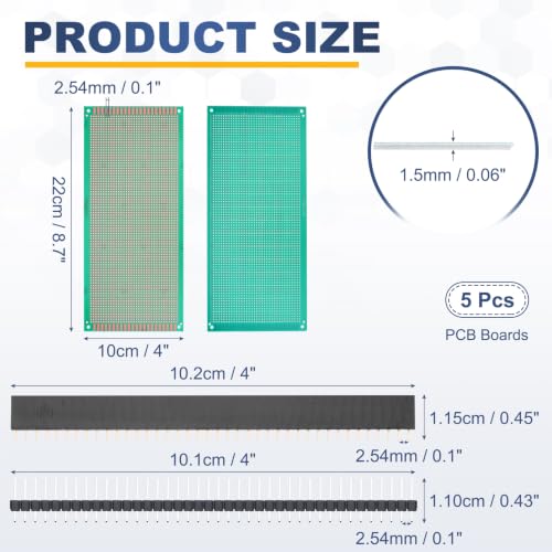 5Pcs 22x10cm PCB Prototype Board w 40-Pin Headers, Green - size: 22x10cm(2.54mm Pitch/1.5mm T)