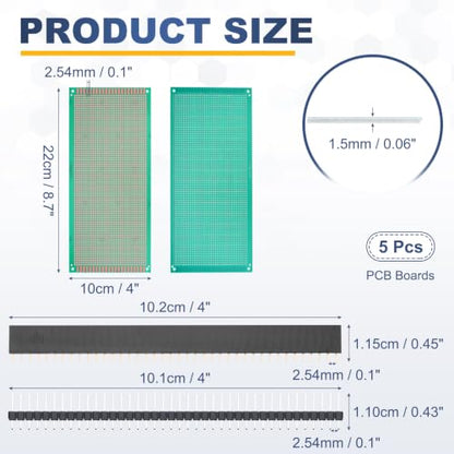 5Pcs 22x10cm PCB Prototype Board w 40-Pin Headers, Green - size: 22x10cm(2.54mm Pitch/1.5mm T)