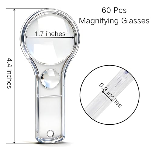 Coloch 60 Pack Plastic Magnifying Glasses for Kids, Mini Handheld Magnifier 5X and 10X Dual Clear Magnifying Lens with Lanyards for Reading, Observation, Science, Outdoor Exploration