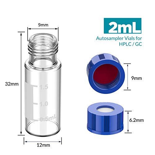 Membrane Solutions 2mL Autosampler Vials, 9-425 GC/HPLC Vials, 100 Pcs - size: Clear Vial & Red PTFE septa