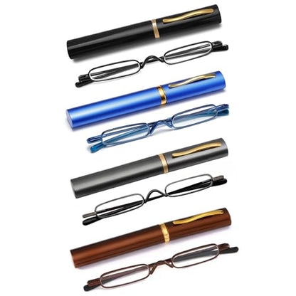 Mini Slim Pen Reading Glasses, Black+Blue+Gunmetal+Brown, 2.00 - color: Z4-black+blue+gunmetal+brown
