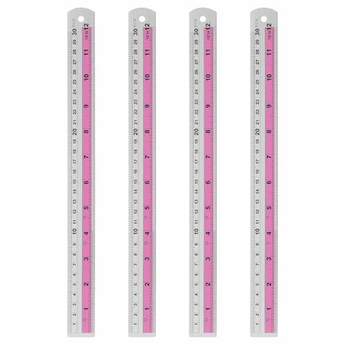 HARFINGTON 4pcs Metal Straight Ruler 30cm Metric SAE Aluminum Alloy Measuring Rulers Scale Tools with Hole for Measure Study Reading Classroom Office, Pink - color: Pink, size: 30cm