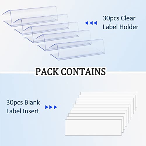 30pcs Plastic Shelf Label Holder, Clear Shelf Label Holder Wood Sign and Tag Ticket Label Holders Clips On to Shelves Thick Shelves with Matched Blank Inserts - size: 0.9*1 *3 inch