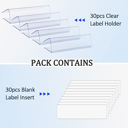 30pcs Plastic Shelf Label Holder, Clear Shelf Label Holder Wood Sign and Tag Ticket Label Holders Clips On to Shelves Thick Shelves with Matched Blank Inserts - size: 0.9*1 *3 inch