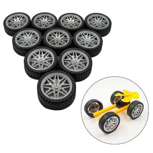 10PCS Toy Car Wheel Model Car Rubber Tire Wheel with 5PCS Metal Shaft Round Rod Axles for for DIY Model Toy RC Car Truck Robot Helicopter Replacement Parts (Silver) - color: Silver