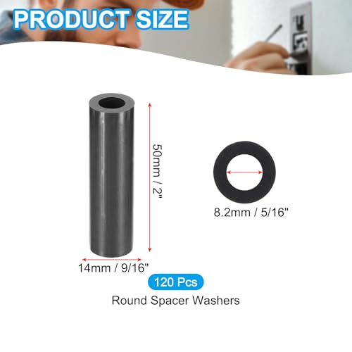 PATIKIL 120Pcs M8 ABS Spacers 5/16" ID x 9/16" OD x 2" L Plastic Round Spacer Washers Black Standoff Nut Unthreaded for M8 or 5/16 inch Screws Bolts Electrical Outlet - size: 5/16" ID x 9/16" OD x 2" L