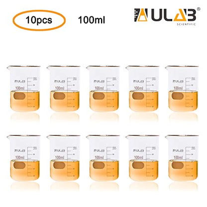 ULAB Scientific Glass Beakers, Vol. 100ml, 3.3 Borosilicate Griffin Low Form with Printed Graduation, Pack of 10, UBG1031 - style: 10pcs of Vol.100ml, Low form