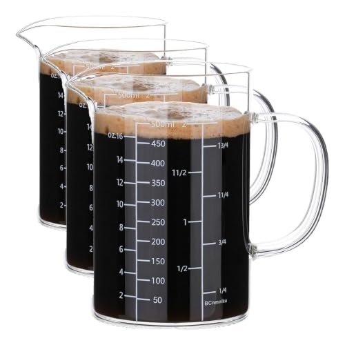 BCnmviku 500ML 2 CUP Glass Measuring Cup With Handle, High Borosilicate Glass Three Scales (OZ, Cup, ML/CC for Kitchen or Restaurant Easy To Read (Pack of 3) - size: large (Pack of 3)