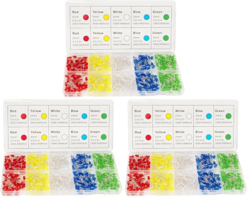 DiCUNO 450pcs 5mm LED Diode, LED Light Kit Box 5 Colors, Mini LED Assorted Kit 5mm Round Top, Light Emitting Diodes for DIY Project, White/Red/Yellow/Green/Blue (Pack of 3) - size: 450 Count (Pack of 3)