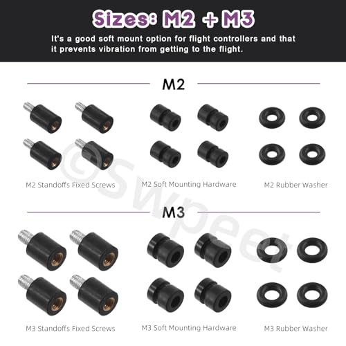 Swpeet 24Pcs M2 M3 Rubber Flight Controller Anti-Vibration Fixed Screws Damper Balls Washer O Rings Assortment Kit, Hardware Spacer Standoffs Soft Mount Vibration Shock Absorber for Flight Controller - size: Assortment Kit