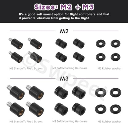 Swpeet 24Pcs M2 M3 Rubber Flight Controller Anti-Vibration Fixed Screws Damper Balls Washer O Rings Assortment Kit, Hardware Spacer Standoffs Soft Mount Vibration Shock Absorber for Flight Controller - size: Assortment Kit