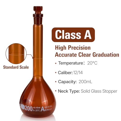 200 ml Volumetric Flask,Amber,3.3Borosilicate Glass,Class A,NS14/23 Glass Stopper,Laboratory Project (Pack of 2) - color: Amber, size: 200ml