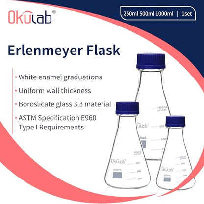 3pcs Erlenmeyer Flask Set with Blue Cap, 250ml 500ml 1000ml Lab Erlenmeyer Flasks, Borosilicate 3.3 Glass Material with Printed Graduation, EFG45GS3A1 - style: 250ml 500ml 1000ml