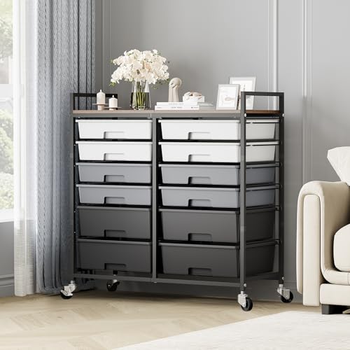 TOOLF 12 Drawers Rolling Storage Cart with Wooden Top for Classroom,Grey - color: Grey