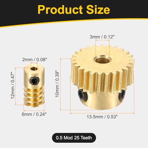 uxcell Worm Gear Set Right Rotation 25T 0.5 Module 1:25 Reduction Rate - size: Gear-3mm, Rod-2mm Bore, style: 0.5M-25T