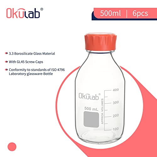 6pcs of 500ml(17oz) Round Media Storage Bottles, 3.3 Borosilicate Glass, with GL45 Screw Caps in PP Materia, GL45RB500B6 - style: 6pcs of 500ml