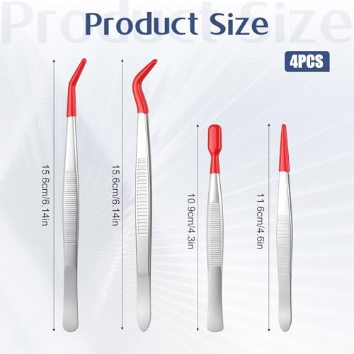 4 Pcs Tweezers with Rubber PVC Coated Set Precision Tweezers Straight Tip Rubber Flat Tip Long Bent Tweezer for Crafting, Jewelry, Electronics, and Lab Work