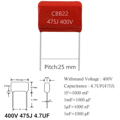 10pcs 400V 475J 4.7UF CB22 Metallized Polypropylene Polyester Film Capacitors Kit - style: 400V 475J 4.7UF