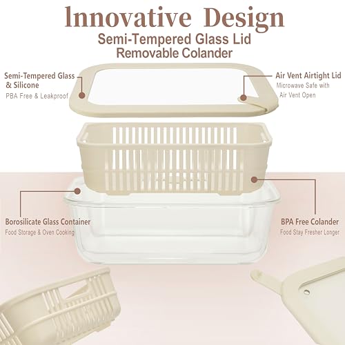 Urban Green Glass Food Storage Containers with Glass Lids, Microwave Safe Food Container Set, Aitight Meal Prep Container Set, BPA Free, 2 extra Colanders, LeakProof, 2 Pack of 60oz - color: Ivory White- 2RT