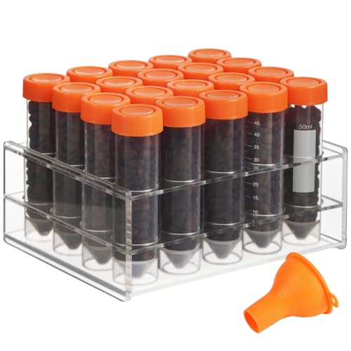 20Pcs Single Dose Coffee Bean Storage Tubes with Stand & Hopper - Plastic Airtight Coffee Bean Cellar, Espresso Coffee Dosing Vials with Scales and Write Marks for Ground Coffee Spices Loose Tea, 17g