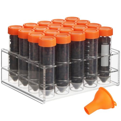 20Pcs Single Dose Coffee Bean Storage Tubes with Stand & Hopper - Plastic Airtight Coffee Bean Cellar, Espresso Coffee Dosing Vials with Scales and Write Marks for Ground Coffee Spices Loose Tea, 17g