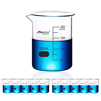 6.7oz(200ml) Sturdy Glass Beaker, 3.3 Borosilicate Griffin Low Form with Printed Graduation, Pack of 10, BKL200-010 - style: Vol.200ml, Pack of 10