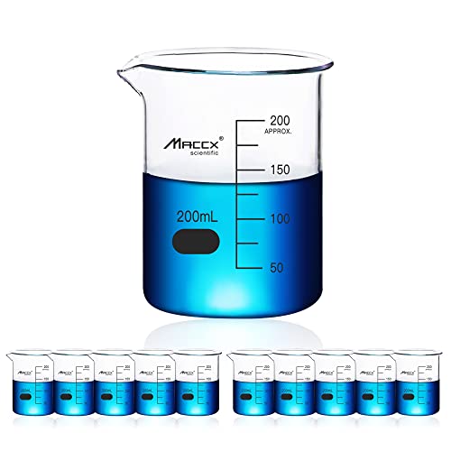 6.7oz(200ml) Sturdy Glass Beaker, 3.3 Borosilicate Griffin Low Form with Printed Graduation, Pack of 10, BKL200-010 - style: Vol.200ml, Pack of 10